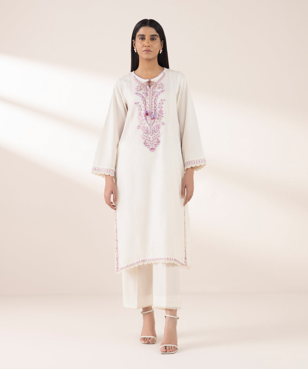 Women's RTW Lawn White Embroidered A-Line Shirt