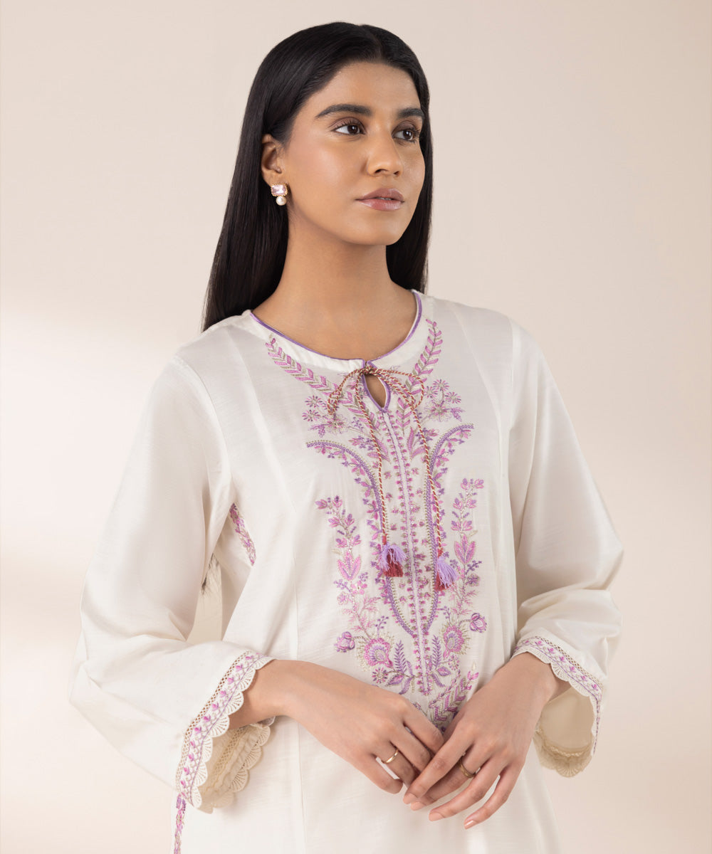 Women's RTW Lawn White Embroidered A-Line Shirt