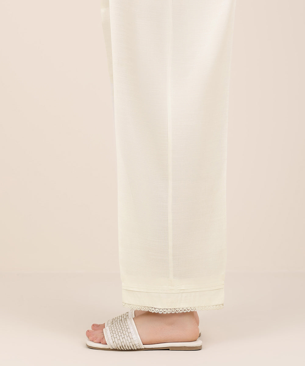 Women's RTW Cambric Off White Solid Straight Pants