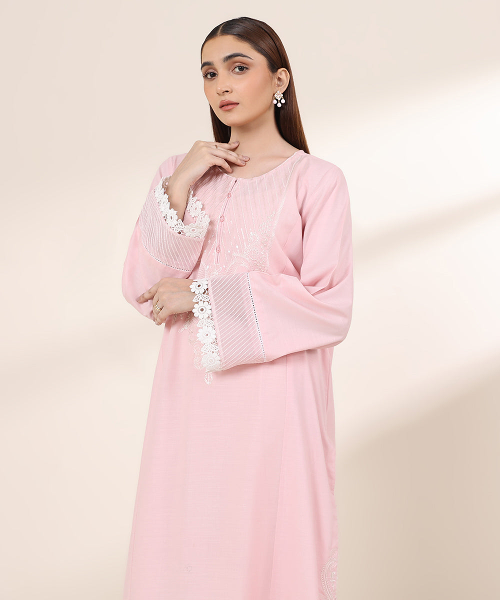 Women's RTW Zari Lawn Pink Embroidered A-Line Shirt