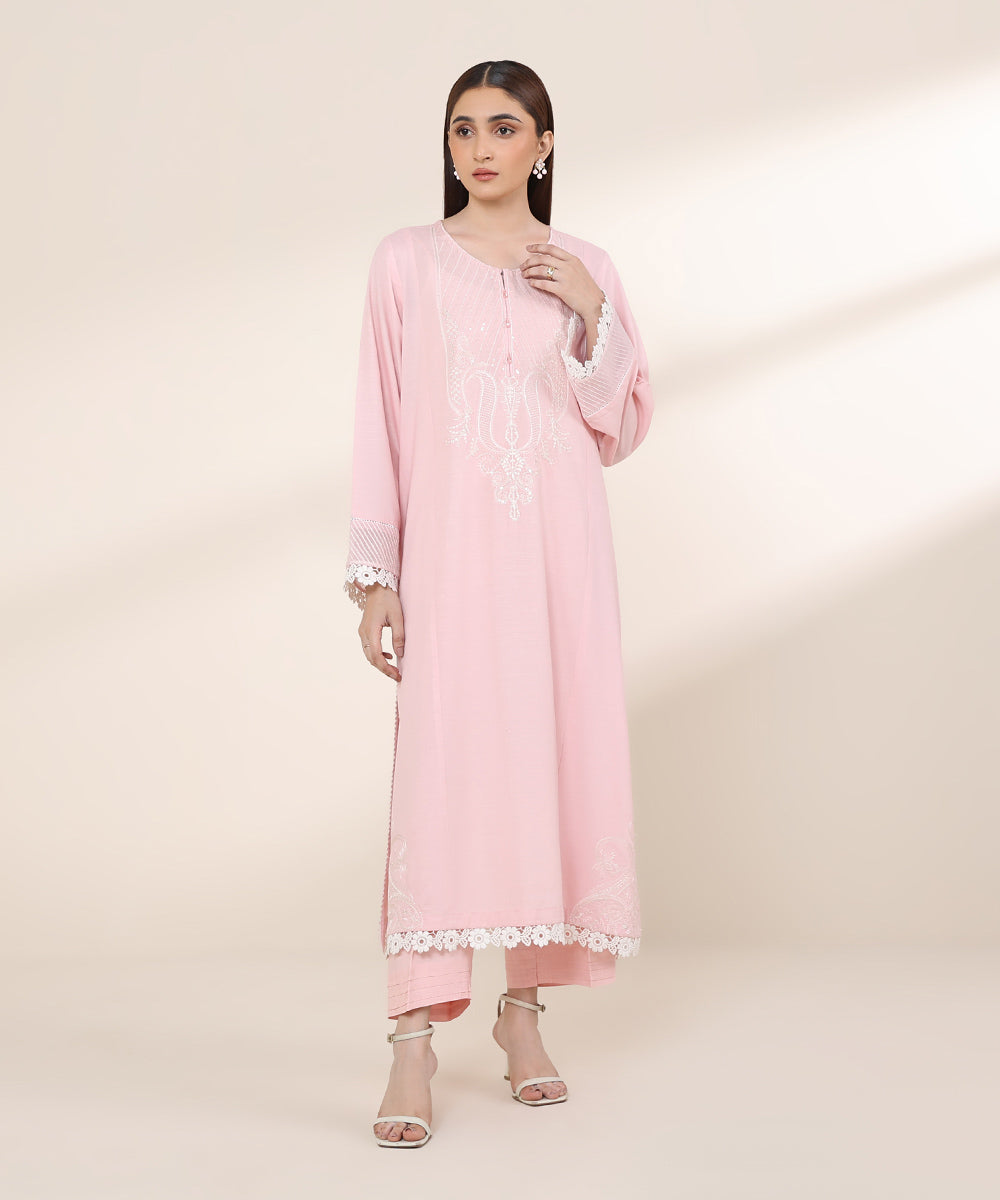 Women's RTW Zari Lawn Pink Embroidered A-Line Shirt