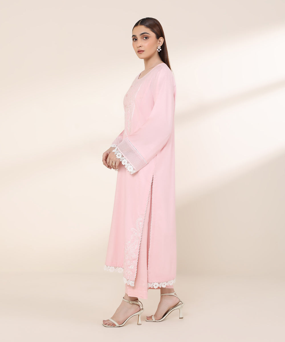 Women's RTW Zari Lawn Pink Embroidered A-Line Shirt