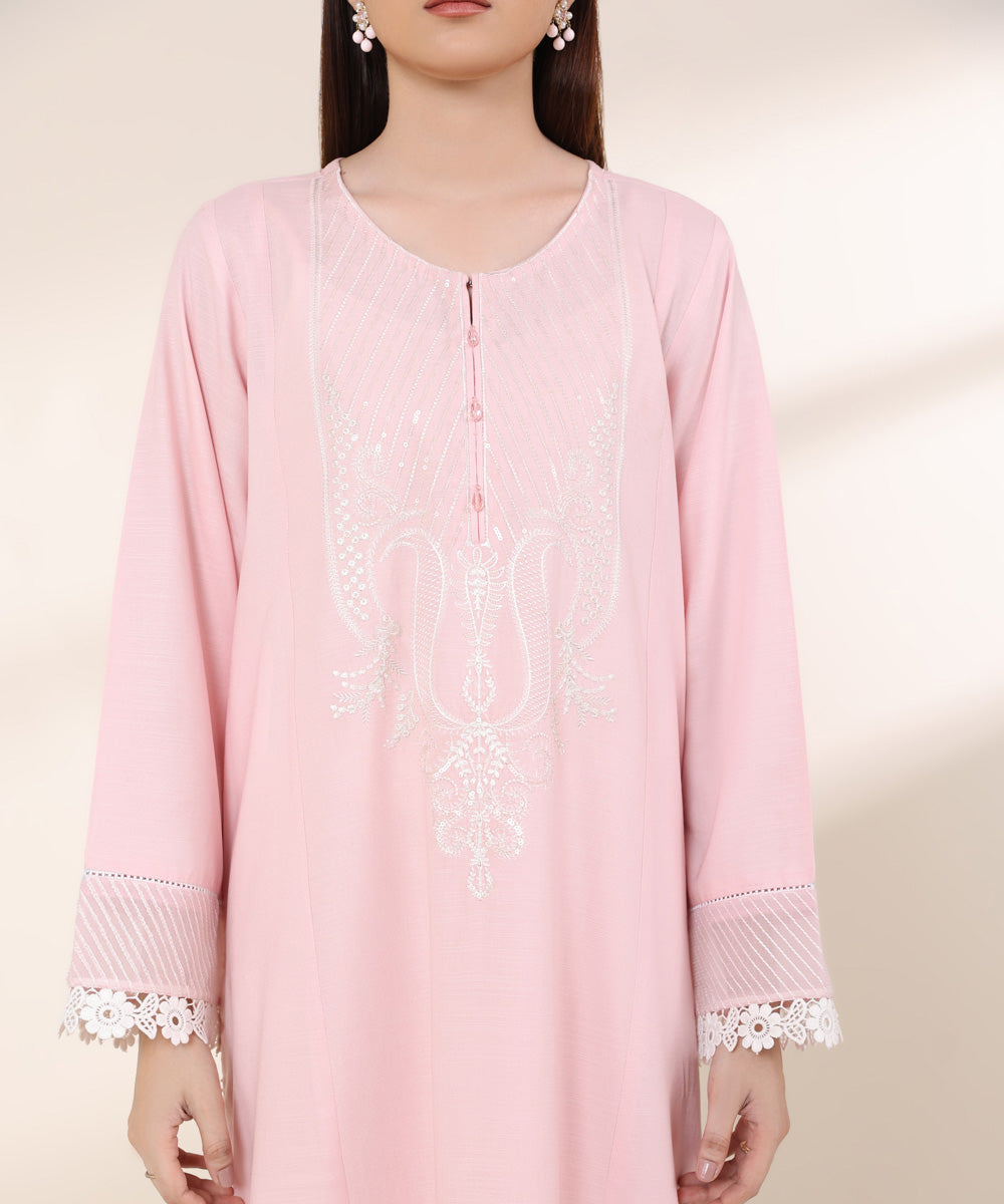 Women's RTW Zari Lawn Pink Embroidered A-Line Shirt