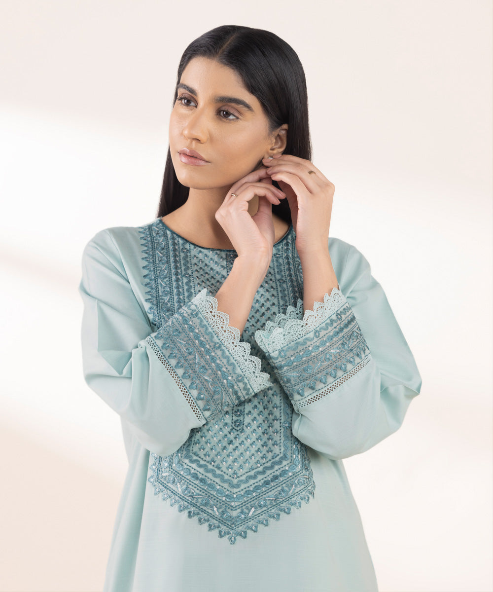 Women's RTW Lawn Blue Embroidered A-Line Shirt
