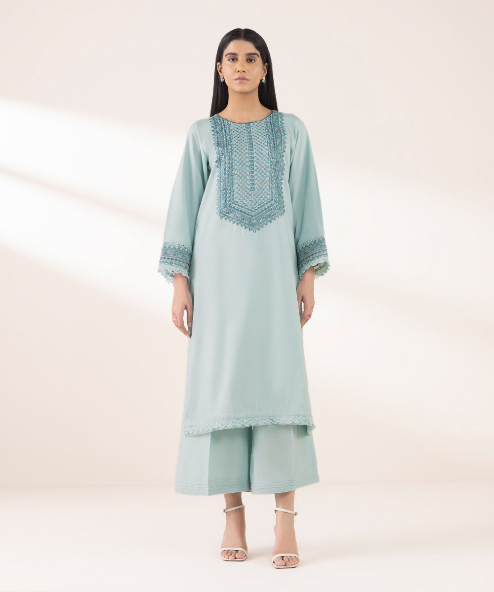 Women's RTW Lawn Blue Embroidered A-Line Shirt