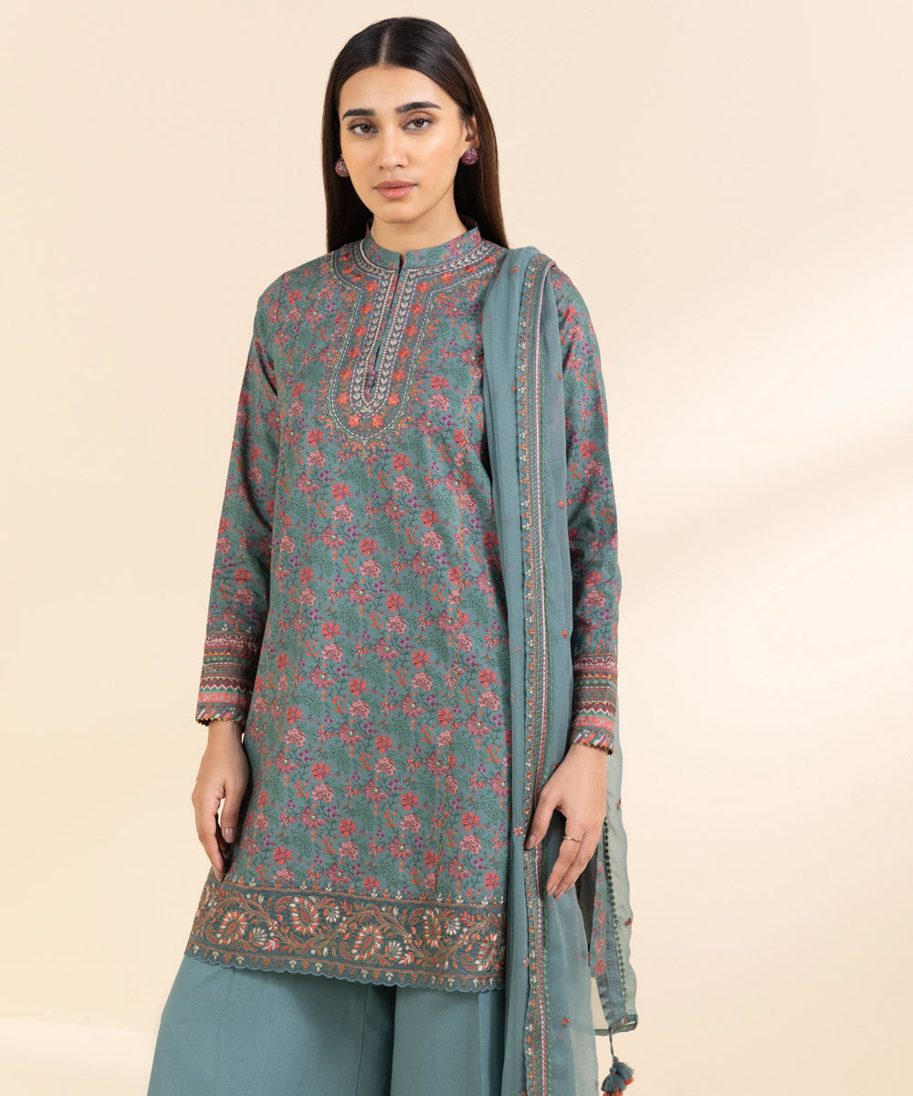 Unstitched Women's Embroidered Lawn Blue Three Piece Suit 