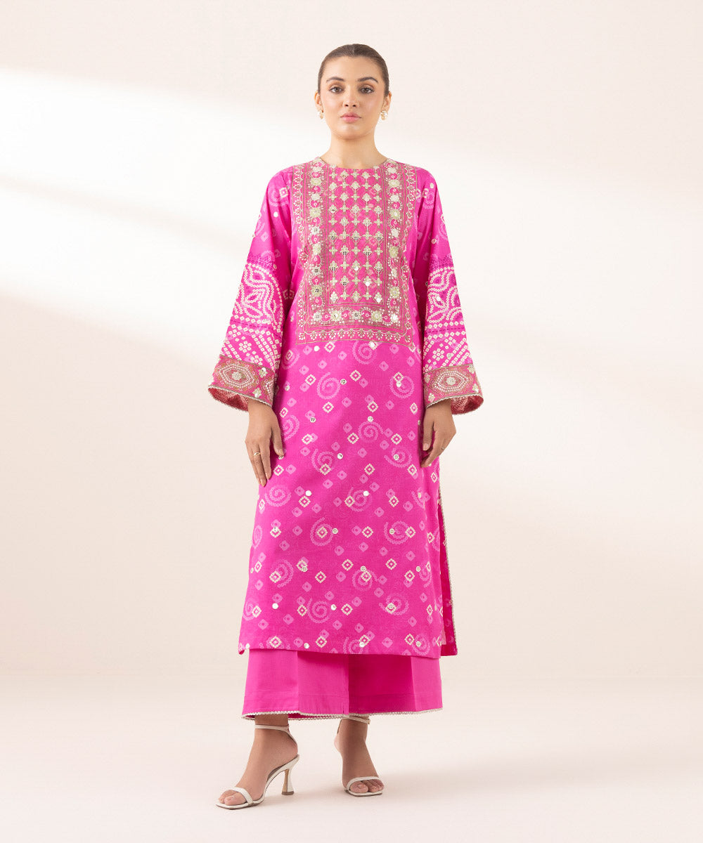 Women's Pret Cotton Satin Pink Embroidered A-Line Shirt