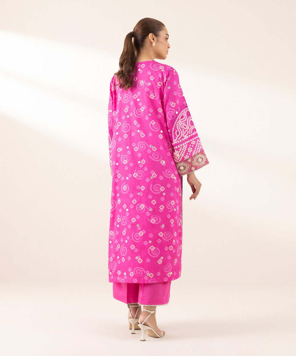 Women's Pret Cotton Satin Pink Embroidered A-Line Shirt