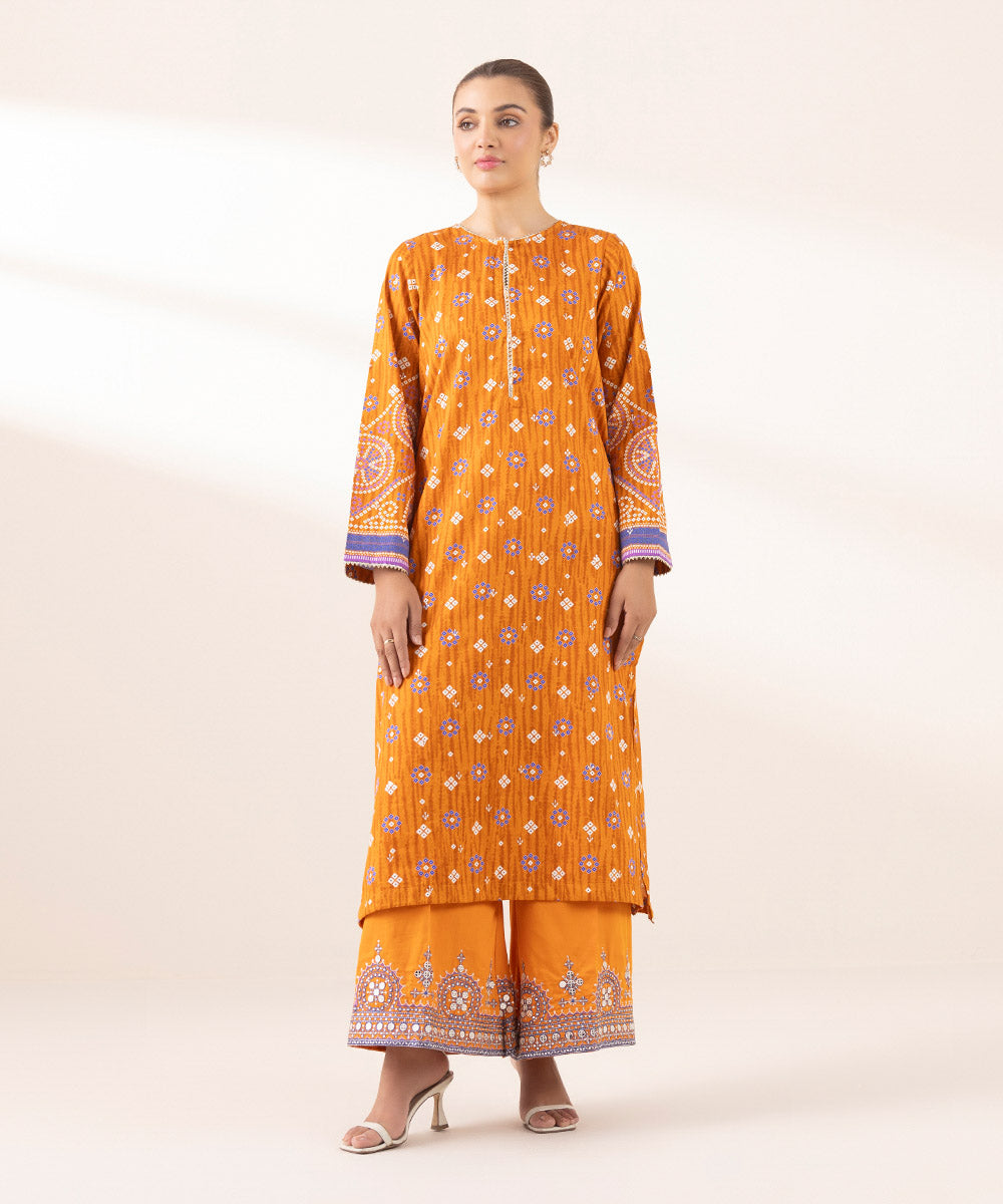 Women's Pret Cotton Satin Orange Embroidered A-Line Shirt