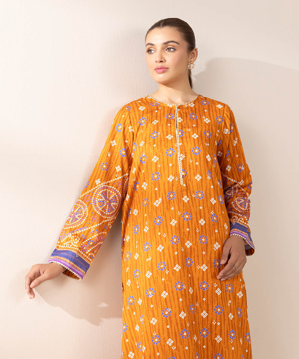 Women's Pret Cotton Satin Orange Embroidered A-Line Shirt