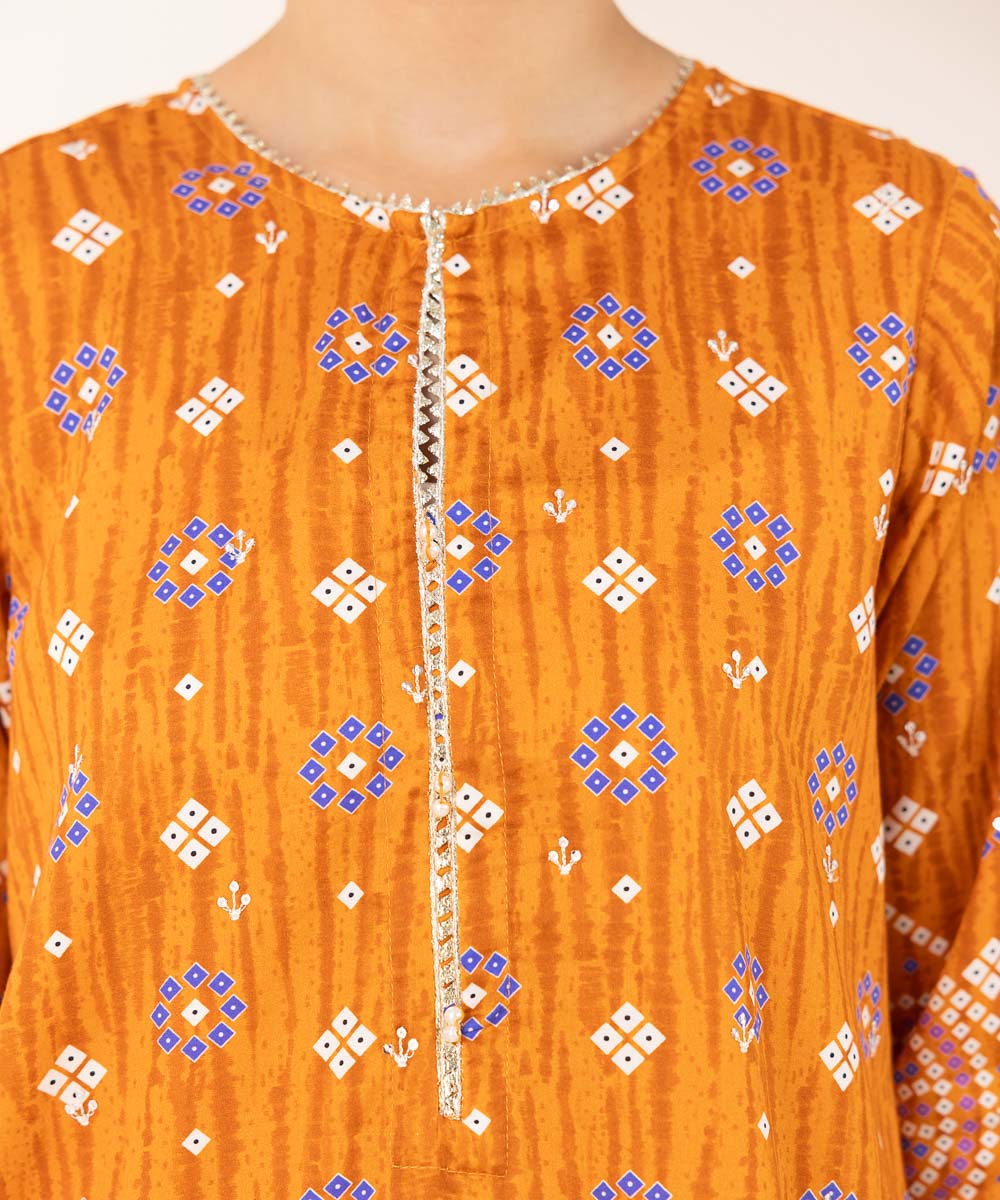 Women's Pret Cotton Satin Orange Embroidered A-Line Shirt