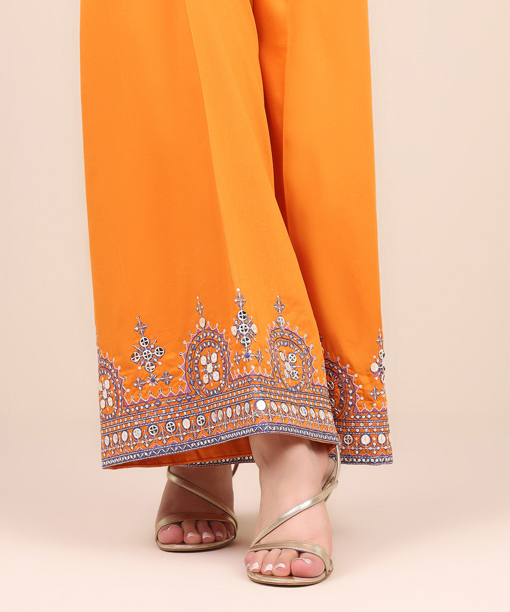 Women's Pret Cotton Satin Orange Embroidered Flared Pants