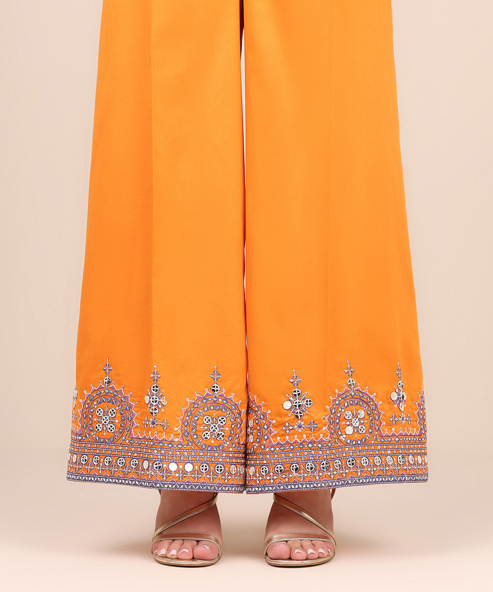 Women's Pret Cotton Satin Orange Embroidered Flared Pants