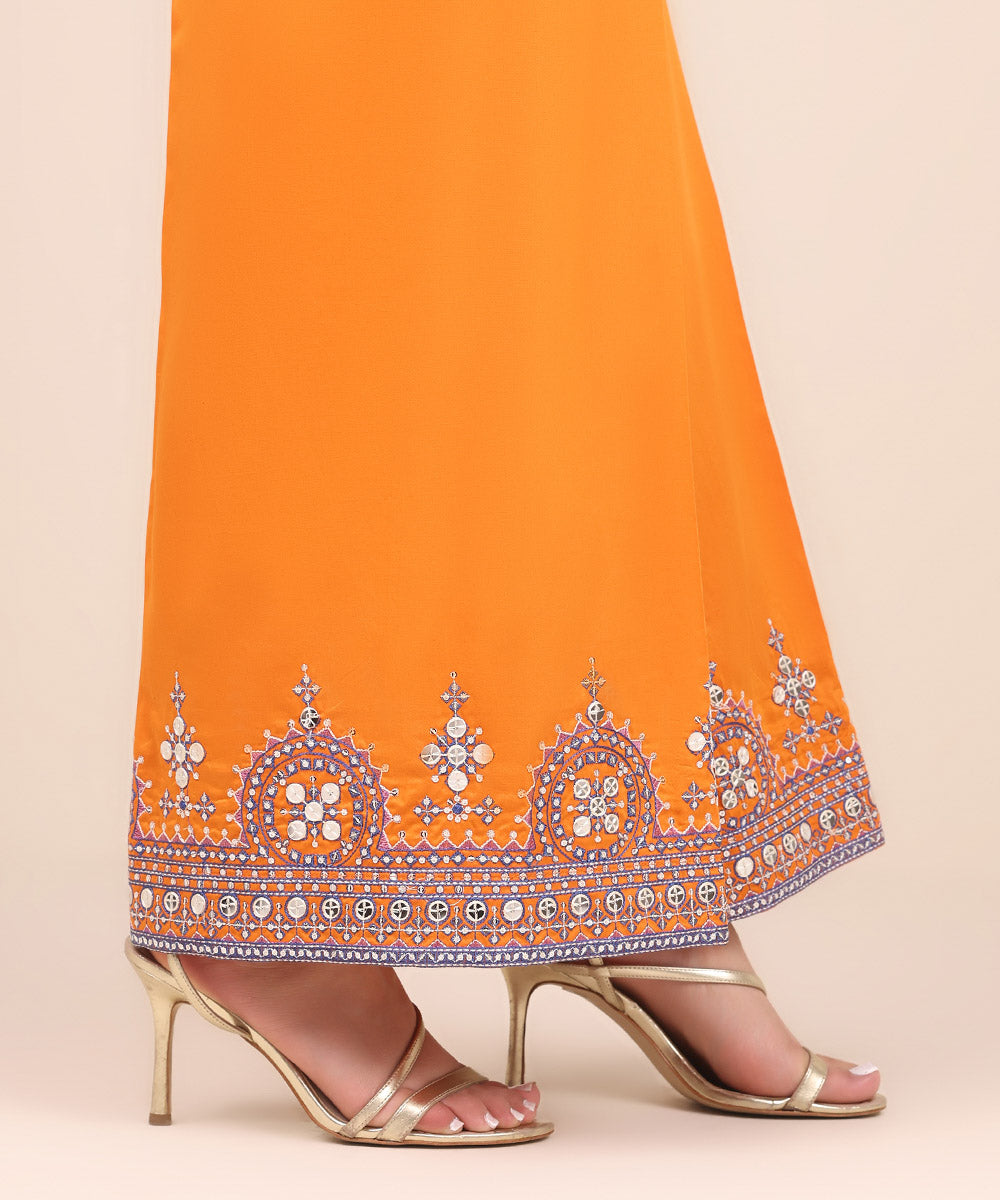 Women's Pret Cotton Satin Orange Embroidered Flared Pants