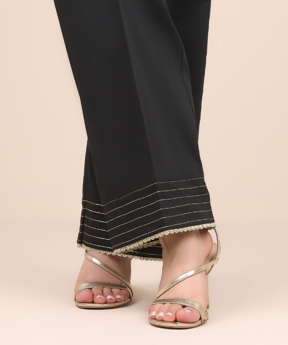 Women's Pret Cotton Satin Black Solid Straight Pants