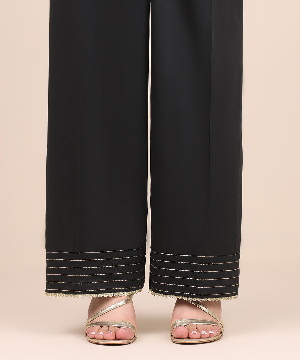 Women's Pret Cotton Satin Black Solid Straight Pants