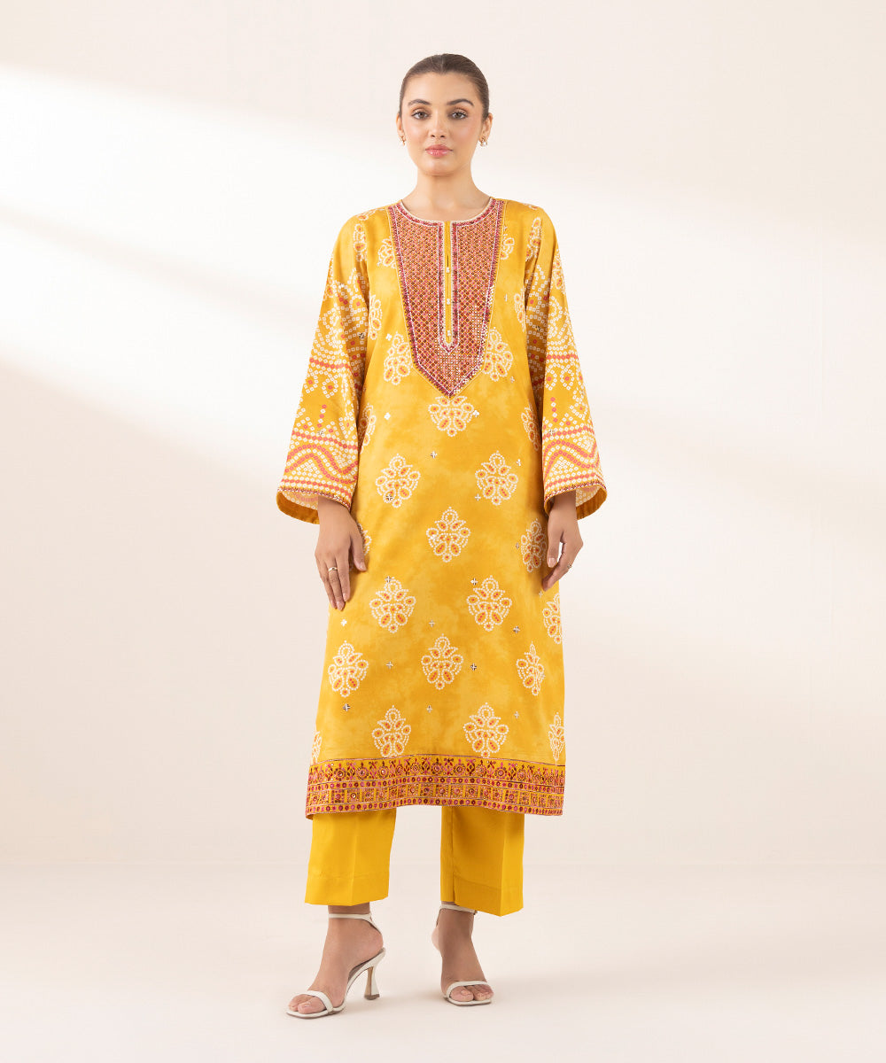 Women's Pret Cotton Satin Yellow Embroidered A-Line Shirt