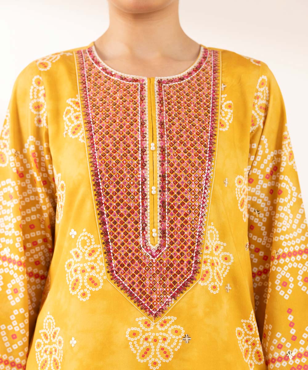 Women's Pret Cotton Satin Yellow Embroidered A-Line Shirt