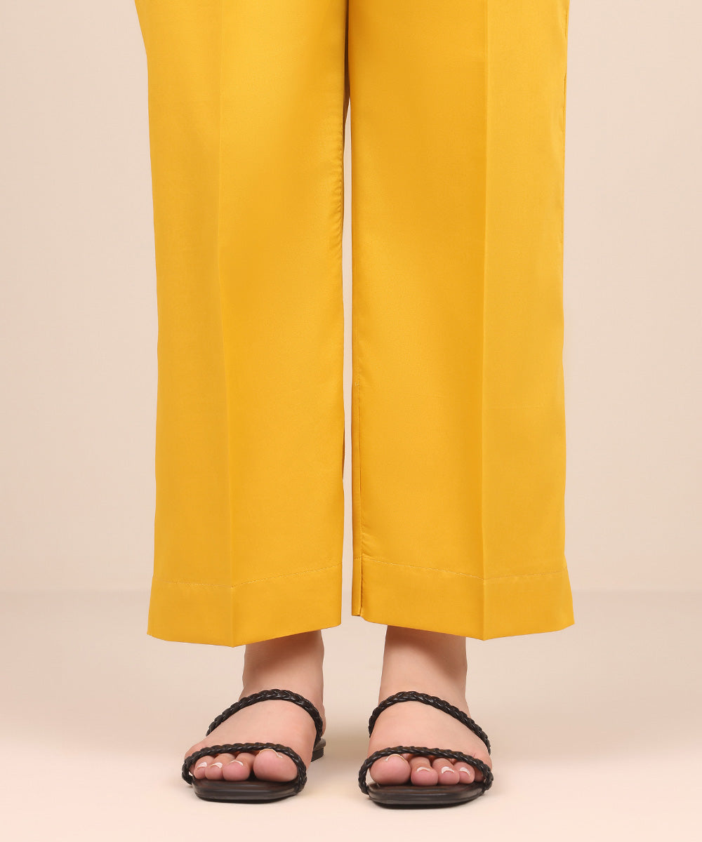 Women's Pret Cotton Satin Yellow Solid Straight Pants