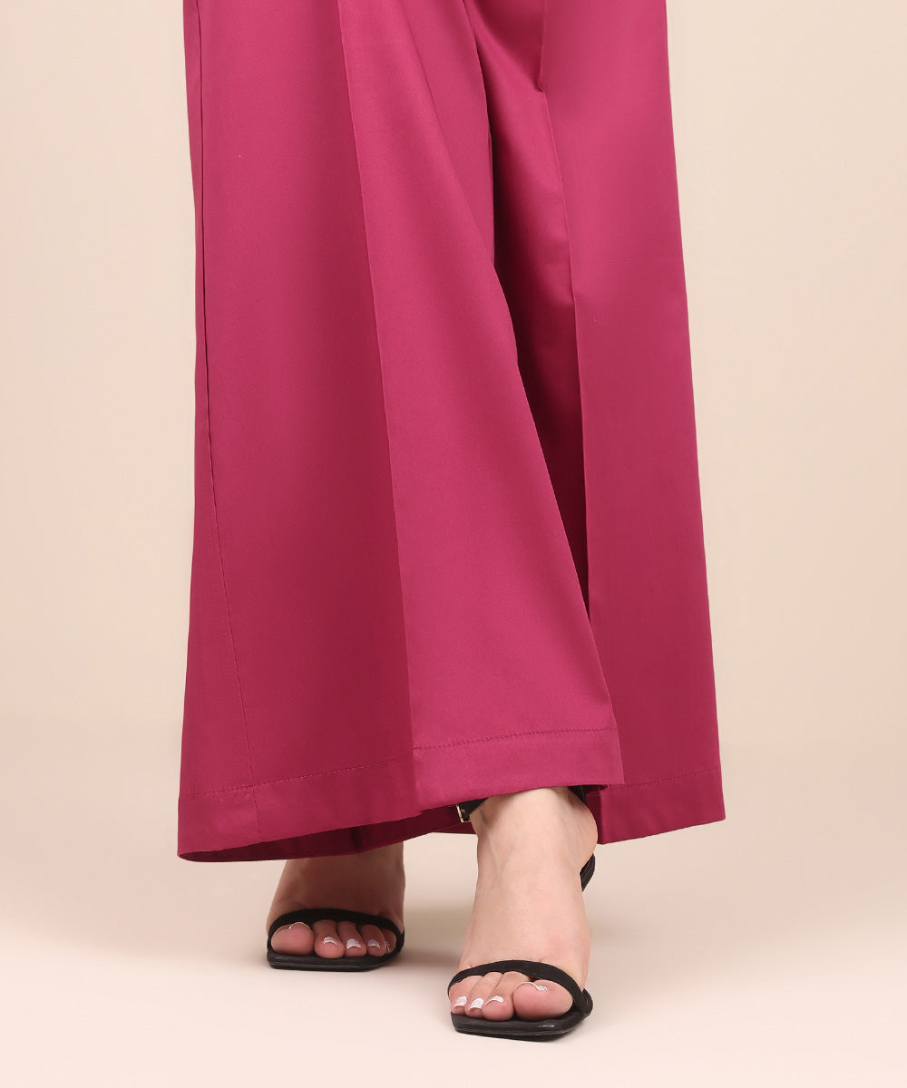 Women's Pret Cotton Satin Pink Solid Flared Pants