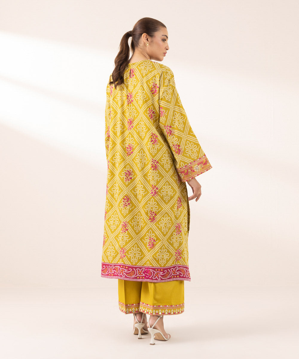 Women's Pret Cotton Satin Yellow Embroidered Drop Shoulder Shirt