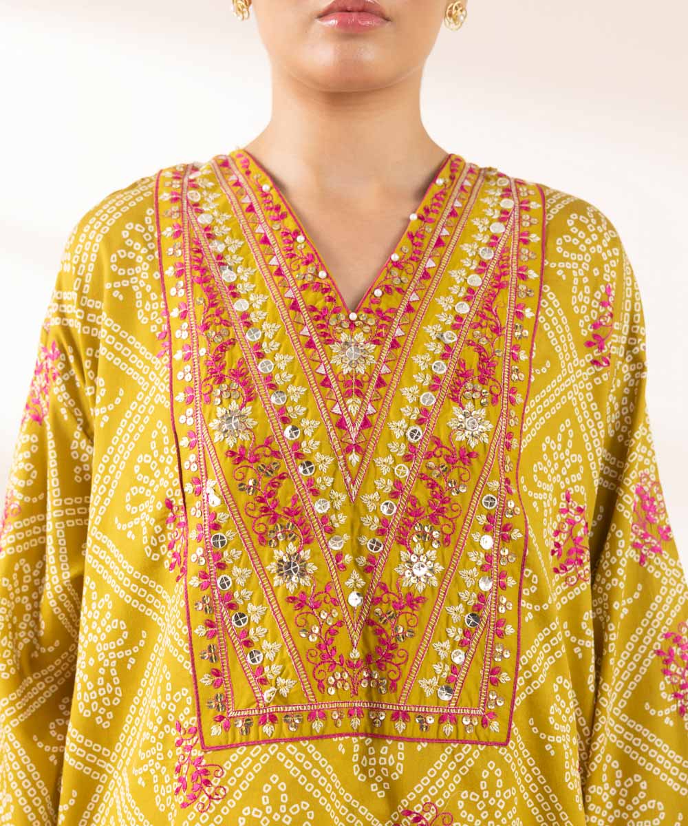 Women's Pret Cotton Satin Yellow Embroidered Drop Shoulder Shirt