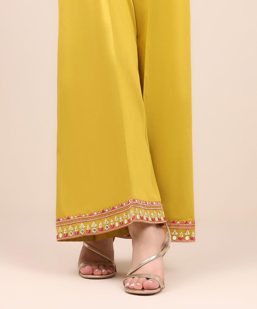 Women's Pret Cotton Satin Yellow Embroidered Flared Pants