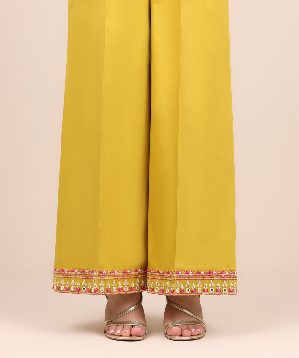 Women's Pret Cotton Satin Yellow Embroidered Flared Pants