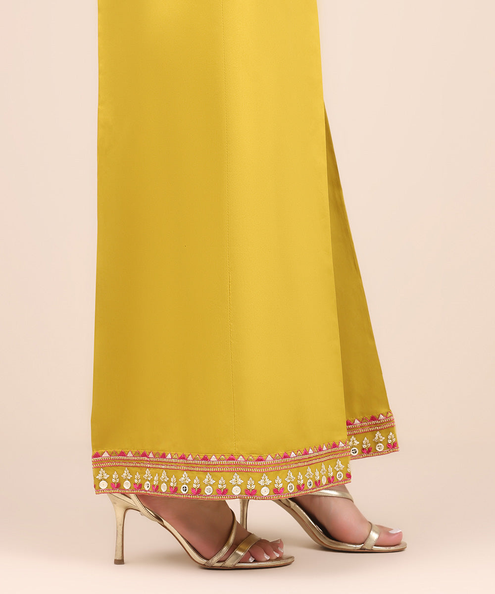 Women's Pret Cotton Satin Yellow Embroidered Flared Pants