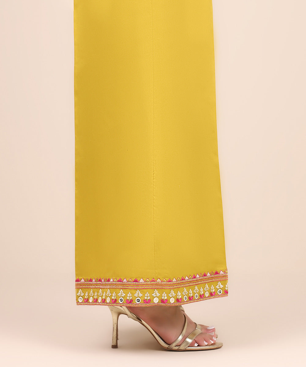 Women's Pret Cotton Satin Yellow Embroidered Flared Pants