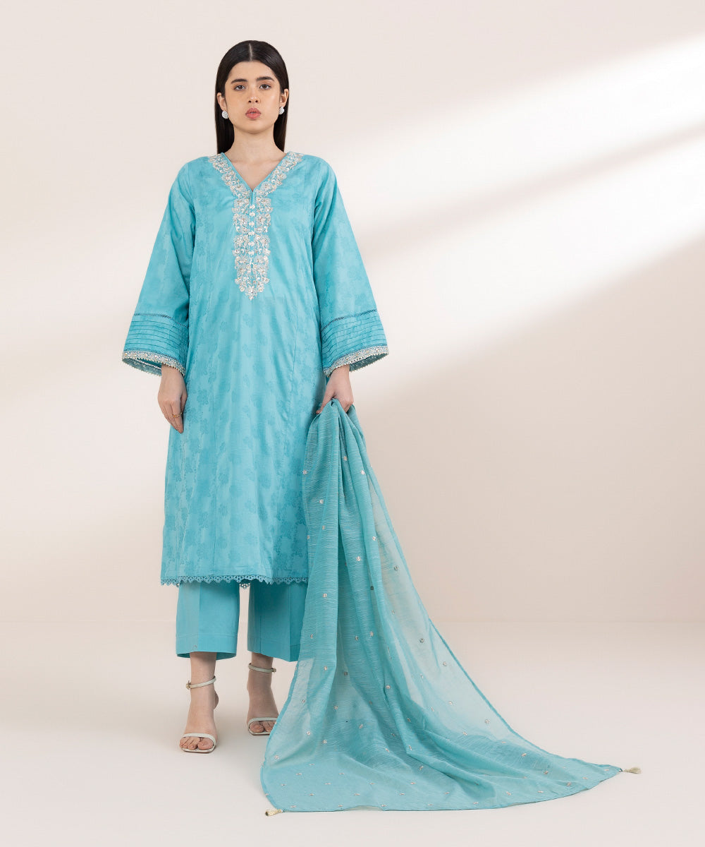 Blended Raw Net Blue Embroidered Dupatta