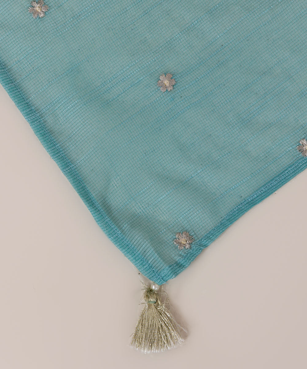 Blended Raw Net Blue Embroidered Dupatta