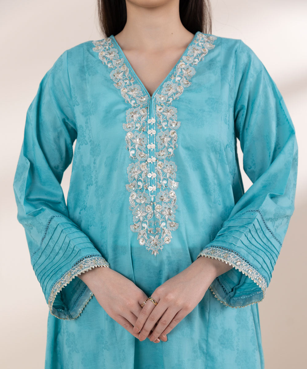 Women's Pret Self Jacquard Blue Embroidered A-Line Shirt