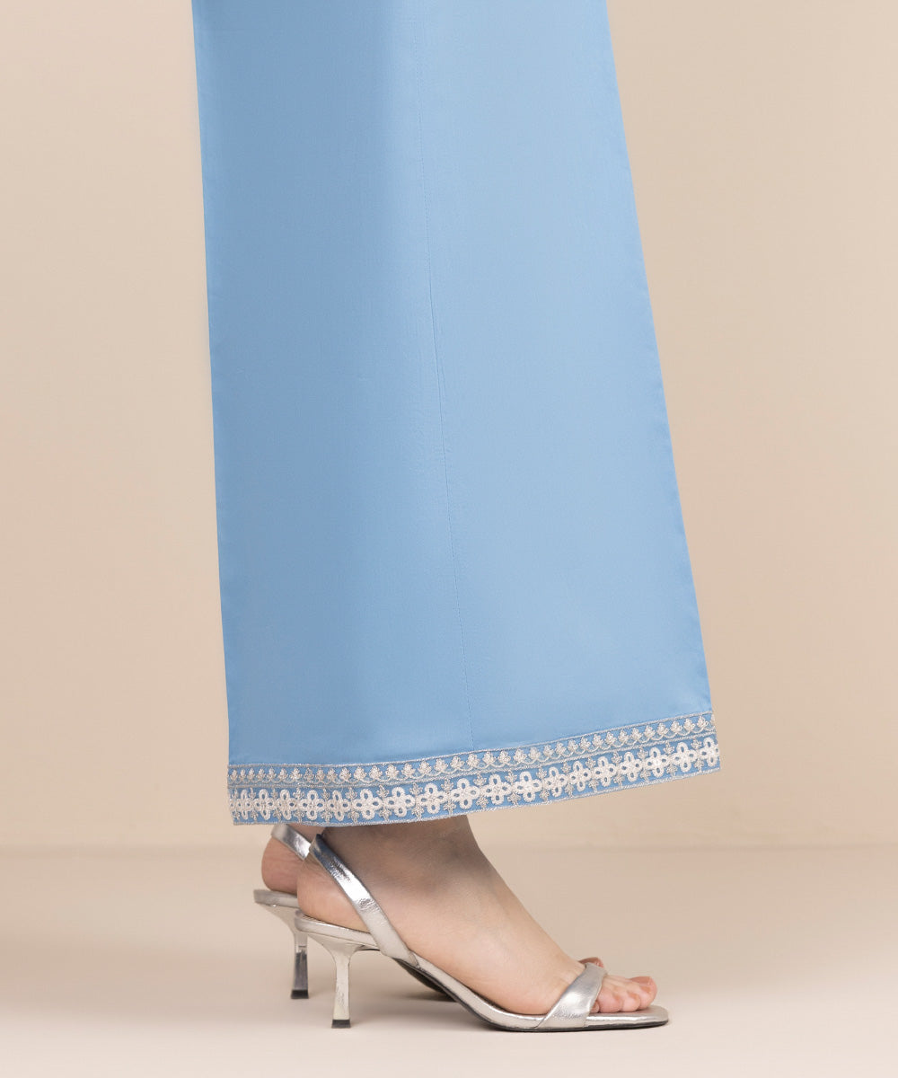 Women's RTW Cotton Satin Blue Embroidered Flared Pants