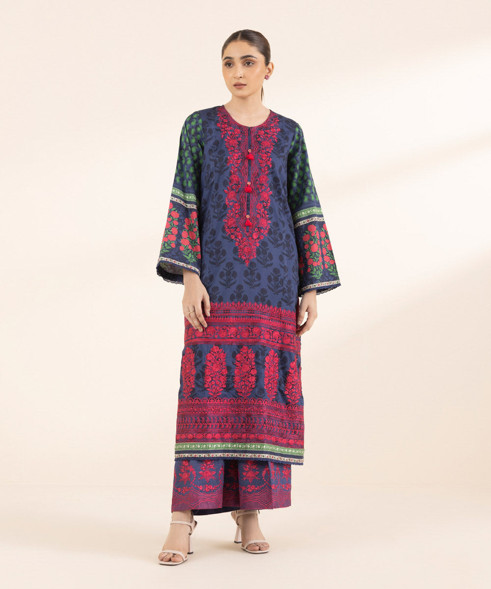 Women's RTW Cotton Satin Multi Embroidered A-Line Shirt
