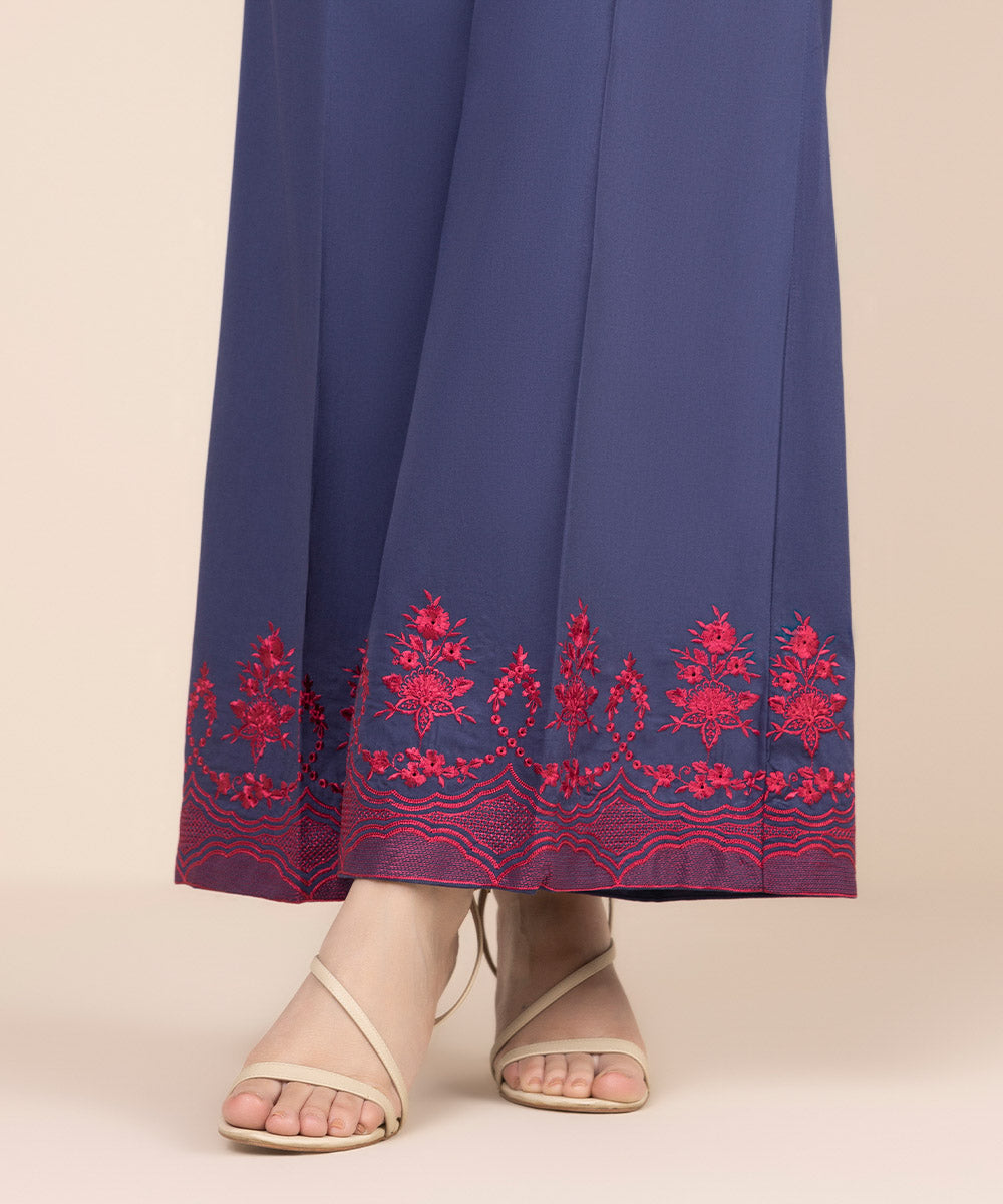 Women's RTW Cotton Satin Blue Embroidered Flared Pants