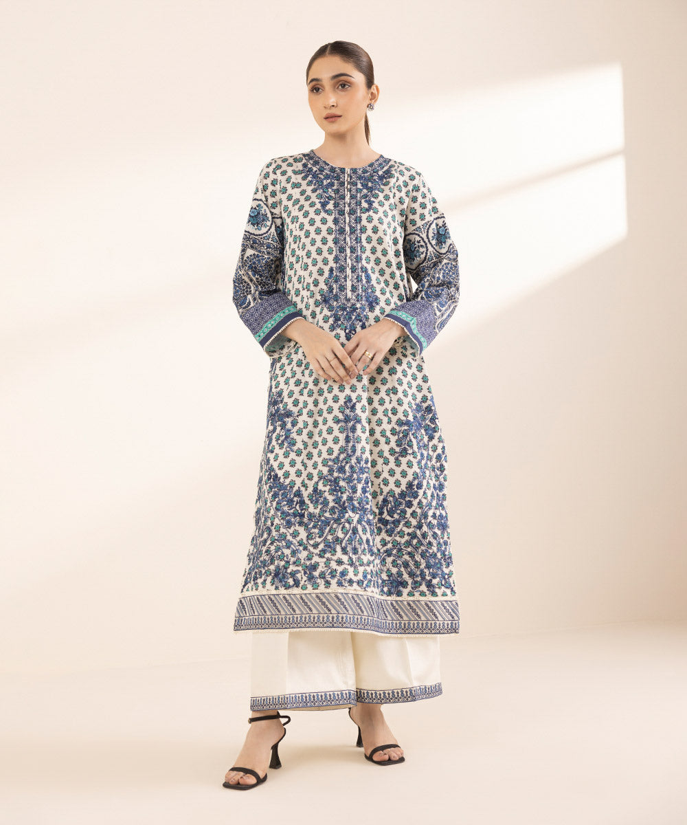 Women's RTW Cotton Satin Blue Embroidered A-Line Shirt