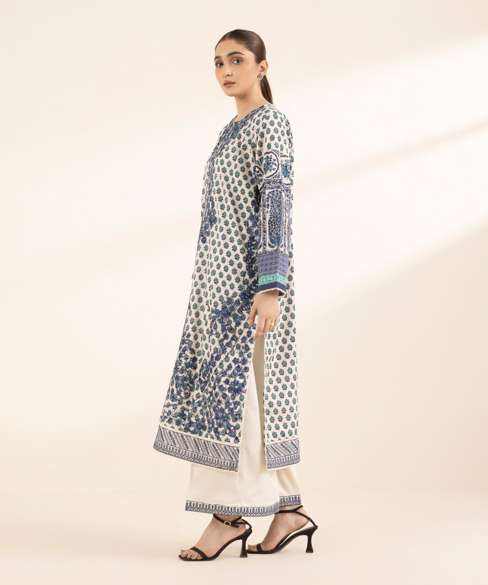 Women's RTW Cotton Satin Blue Embroidered A-Line Shirt