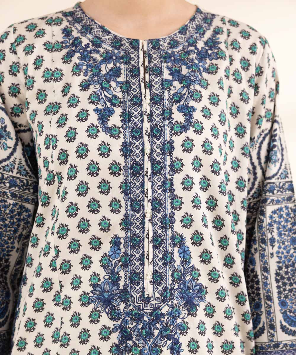 Women's RTW Cotton Satin Blue Embroidered A-Line Shirt