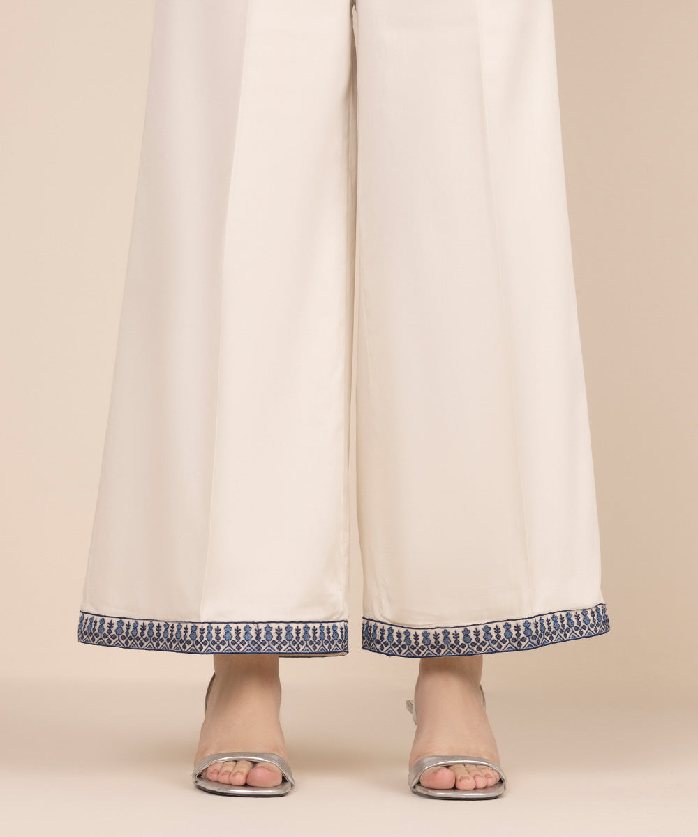 Women's RTW Cotton Satin White Embroidered Flared Pants