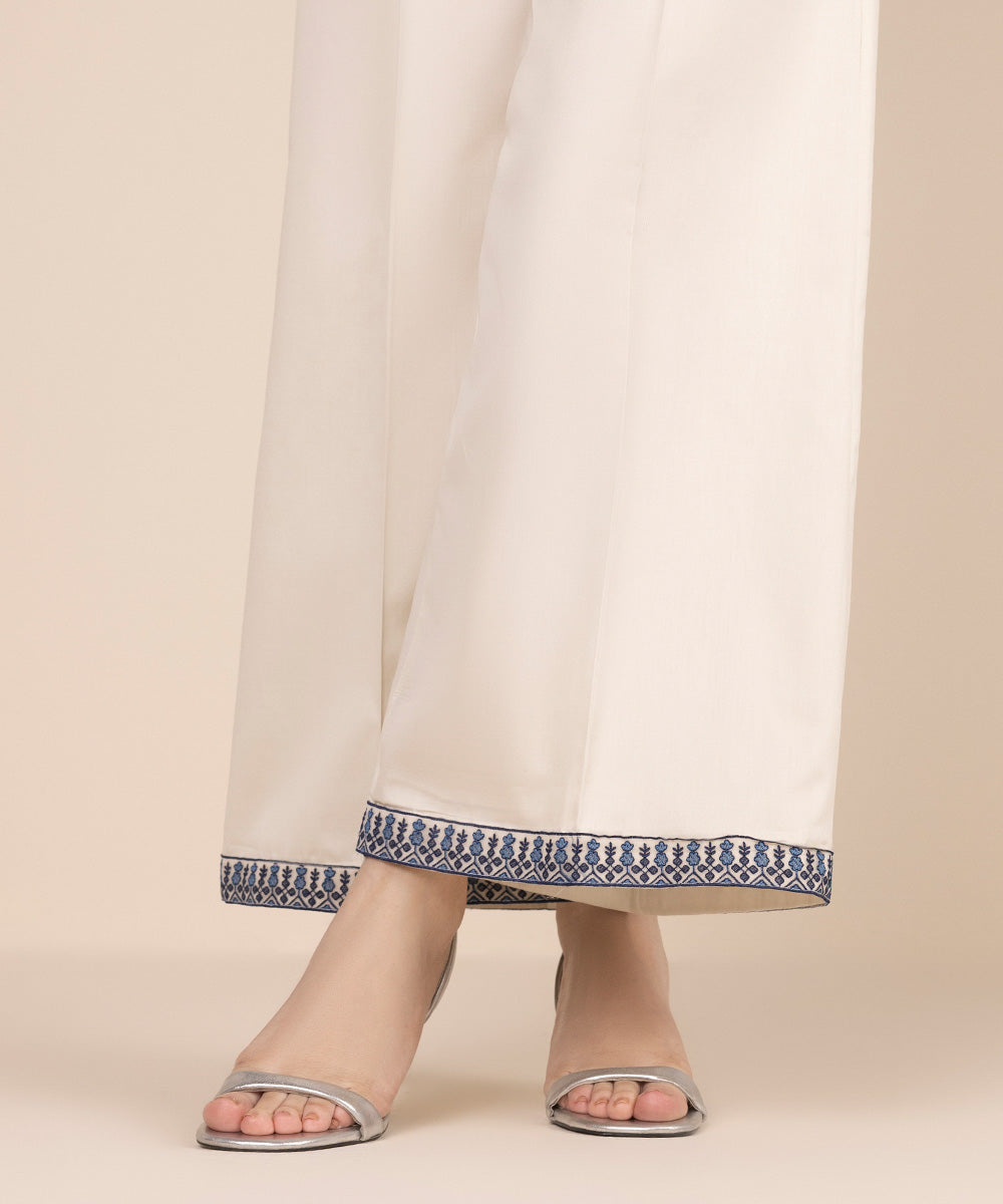Women's RTW Cotton Satin White Embroidered Flared Pants
