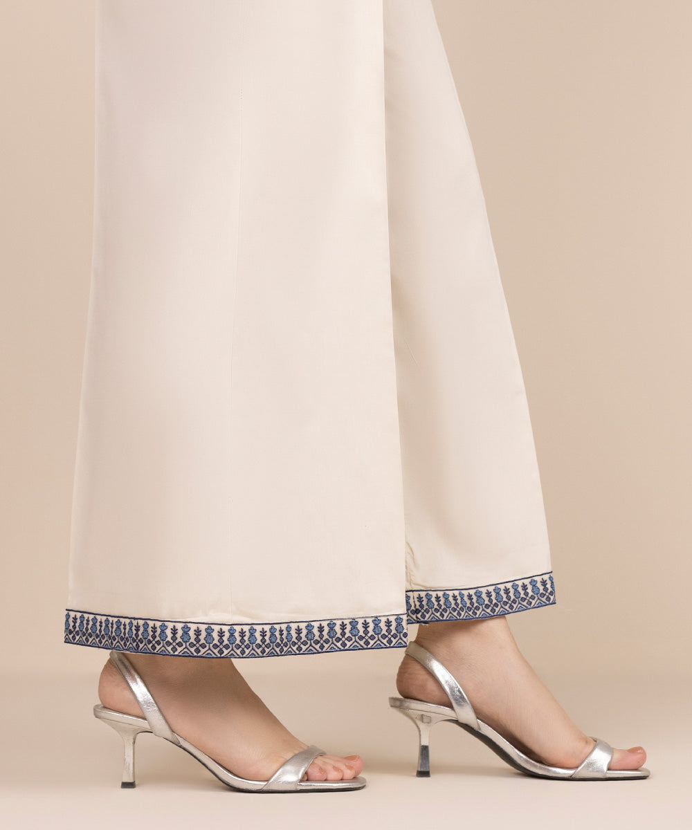 Women's RTW Cotton Satin White Embroidered Flared Pants