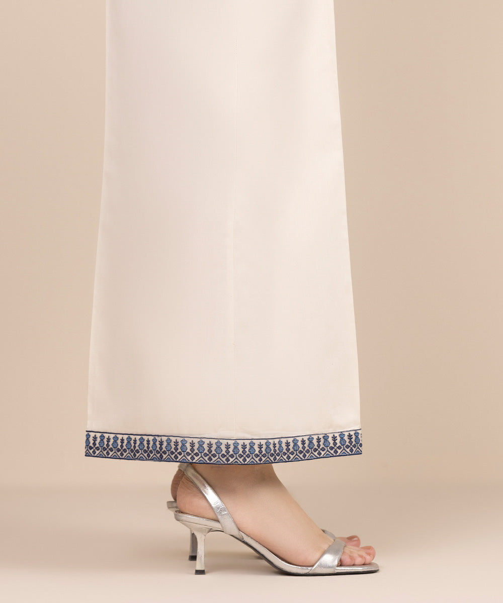 Women's RTW Cotton Satin White Embroidered Flared Pants
