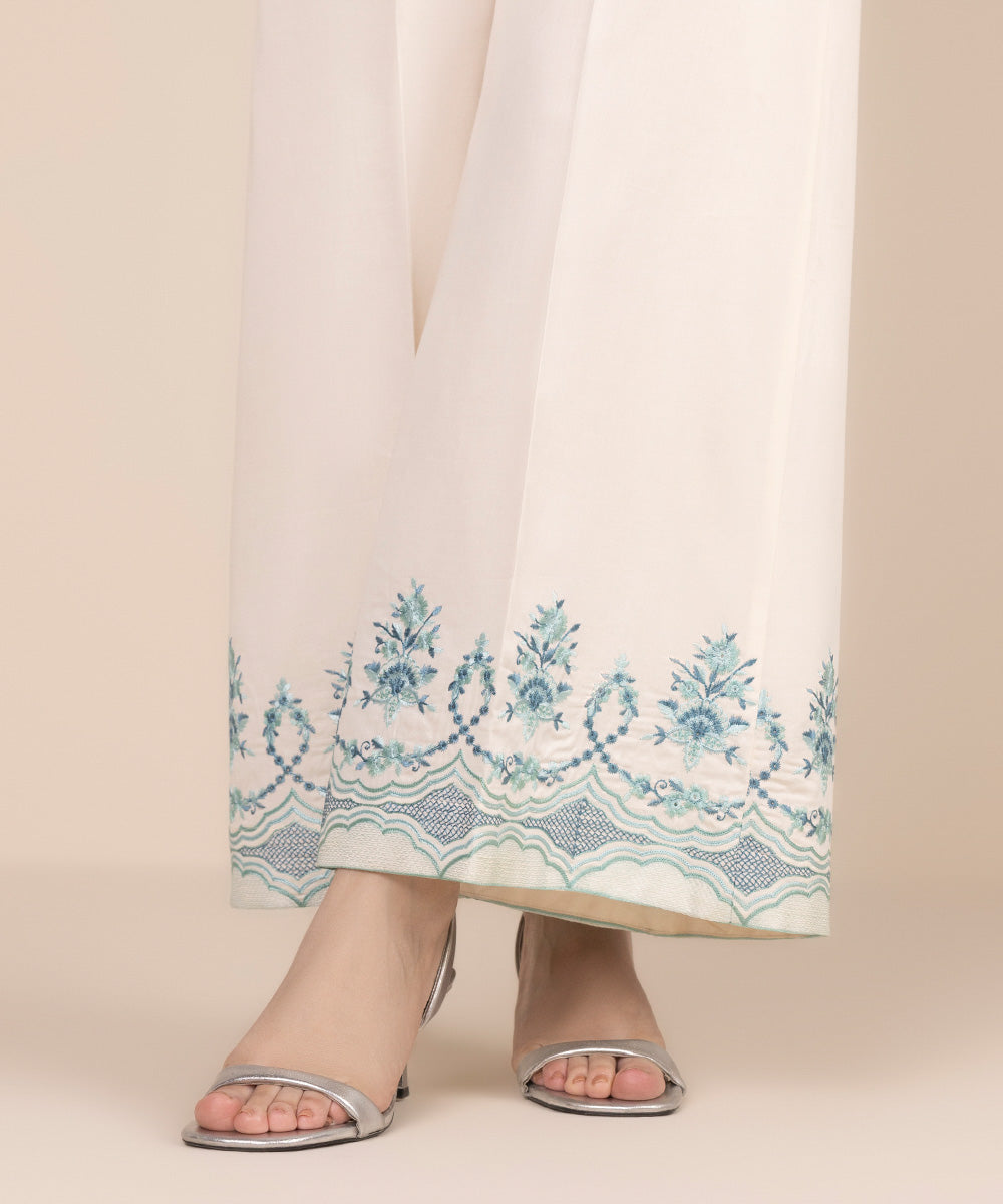 Women's RTW Cotton Satin Beige Embroidered Flared Pants