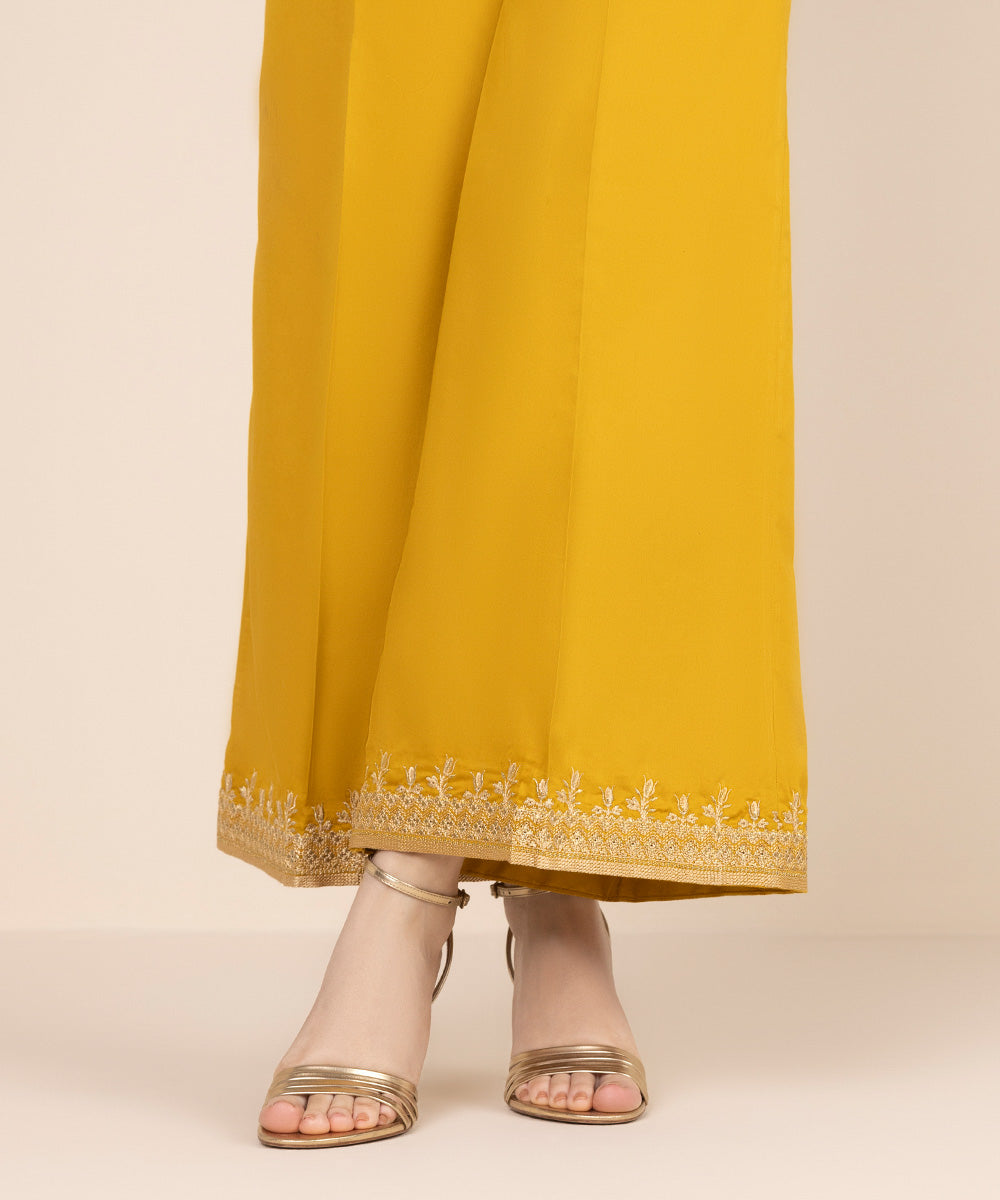 Women's RTW Cotton Satin Yellow Embroidered Flared Pants