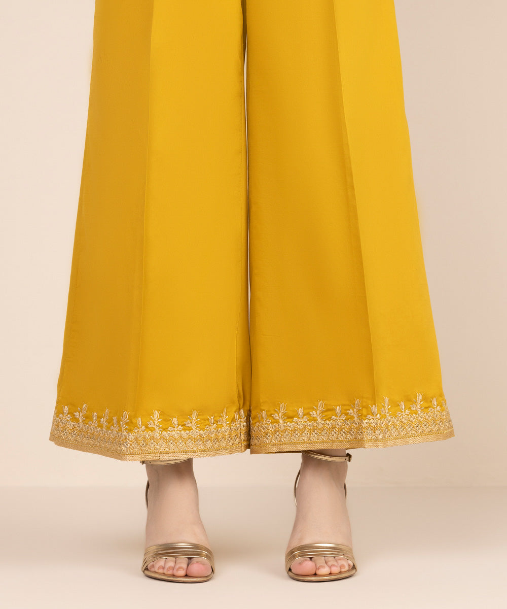 Women's RTW Cotton Satin Yellow Embroidered Flared Pants