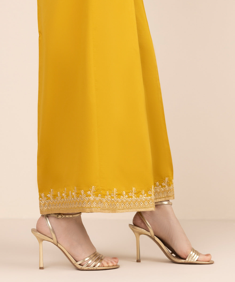 Women's RTW Cotton Satin Yellow Embroidered Flared Pants