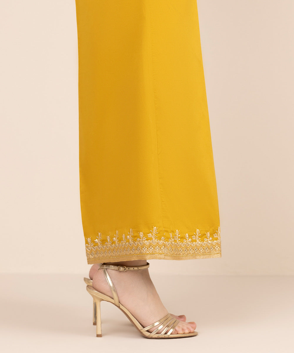 Women's RTW Cotton Satin Yellow Embroidered Flared Pants