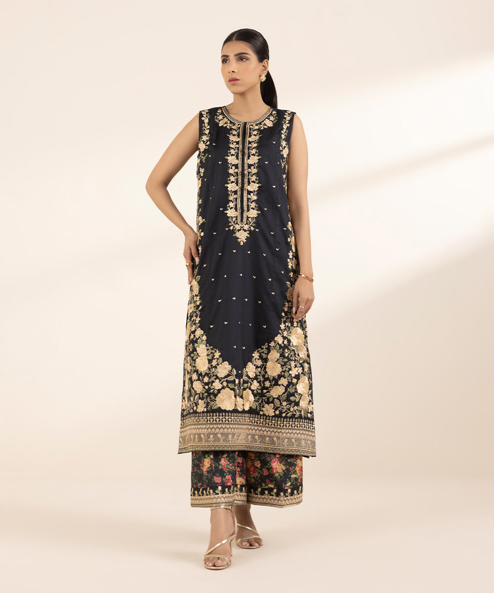 Women's RTW Cotton Satin Black Embroidered A-Line Shirt