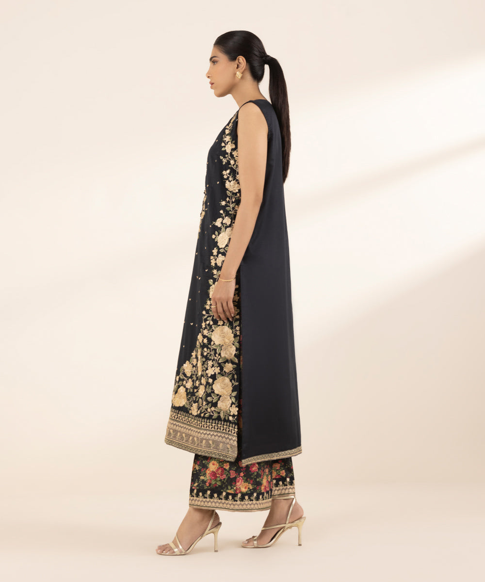 Women's RTW Cotton Satin Black Embroidered A-Line Shirt
